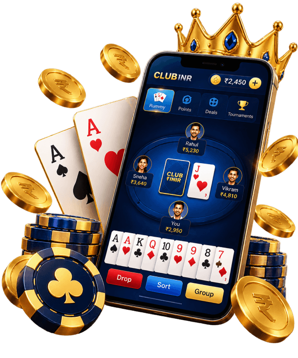 Club INR promotional phone artwork with rummy cards, coins and a crown